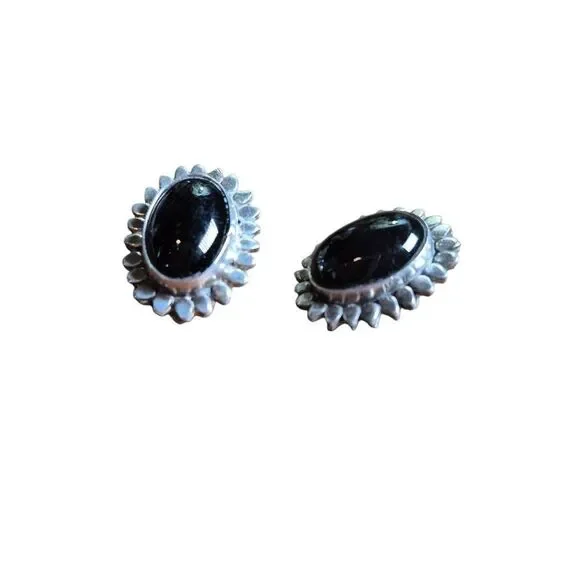 Vintage 900 Silver Oval Black Onyx Clip On Earrings - Picture 5 of 5